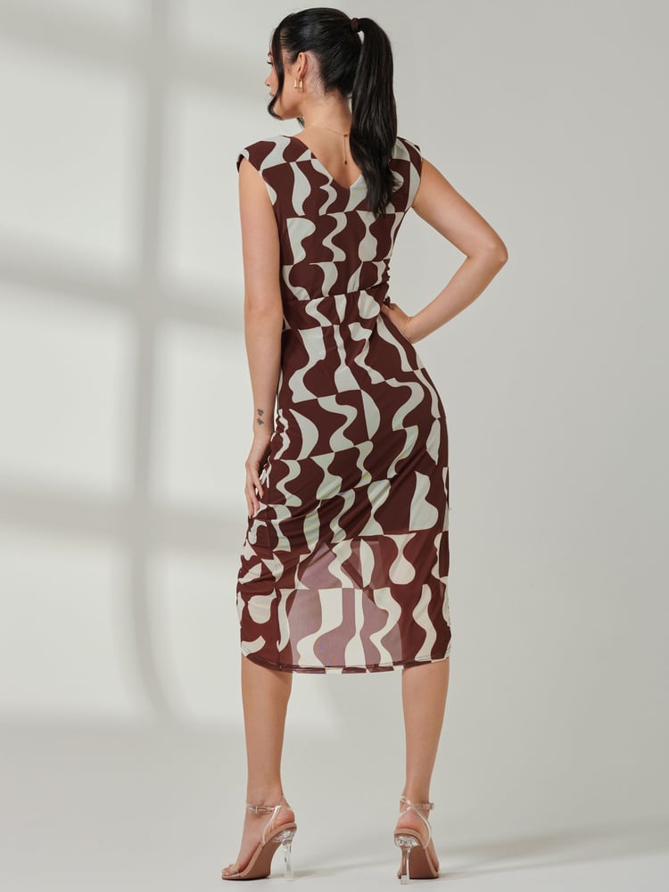 Jolie Moi Brown Mesh Wrap Ruched Bodycon Dress - Image 2 of 6