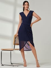 Jolie Moi Blue Wrap Ruched Mesh Bodycon Dress - Image 1 of 6