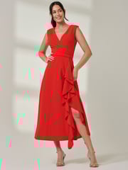 Jolie Moi Red Wrap Front Frill Detail Maxi Dress - Image 1 of 6