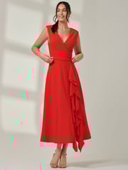 Jolie Moi Red Wrap Front Frill Detail Maxi Dress - Image 5 of 6