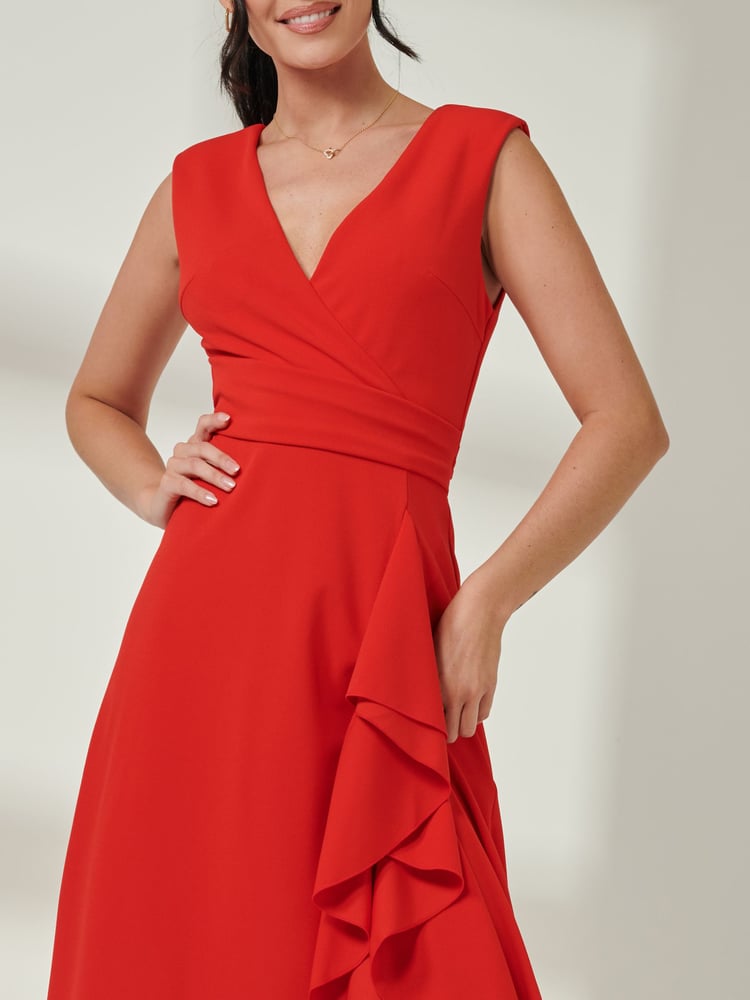 Jolie Moi Red Wrap Front Frill Detail Maxi Dress - Image 6 of 6