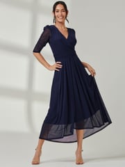 Jolie Moi Blue Aneissa Ruched Sleeve Mesh Maxi Dress - Image 1 of 6