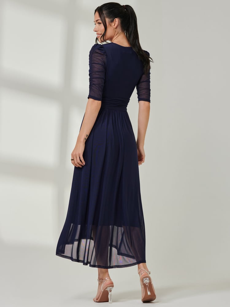 Jolie Moi Blue Aneissa Ruched Sleeve Mesh Maxi Dress - Image 2 of 6