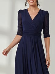 Jolie Moi Blue Aneissa Ruched Sleeve Mesh Maxi Dress - Image 3 of 6