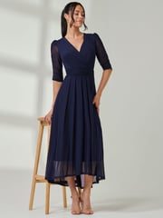 Jolie Moi Blue Aneissa Ruched Sleeve Mesh Maxi Dress - Image 4 of 6