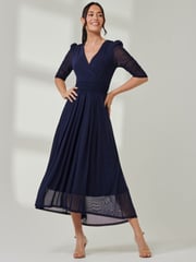 Jolie Moi Blue Aneissa Ruched Sleeve Mesh Maxi Dress - Image 5 of 6