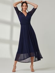 Jolie Moi Blue Aneissa Ruched Sleeve Mesh Maxi Dress - Image 6 of 6