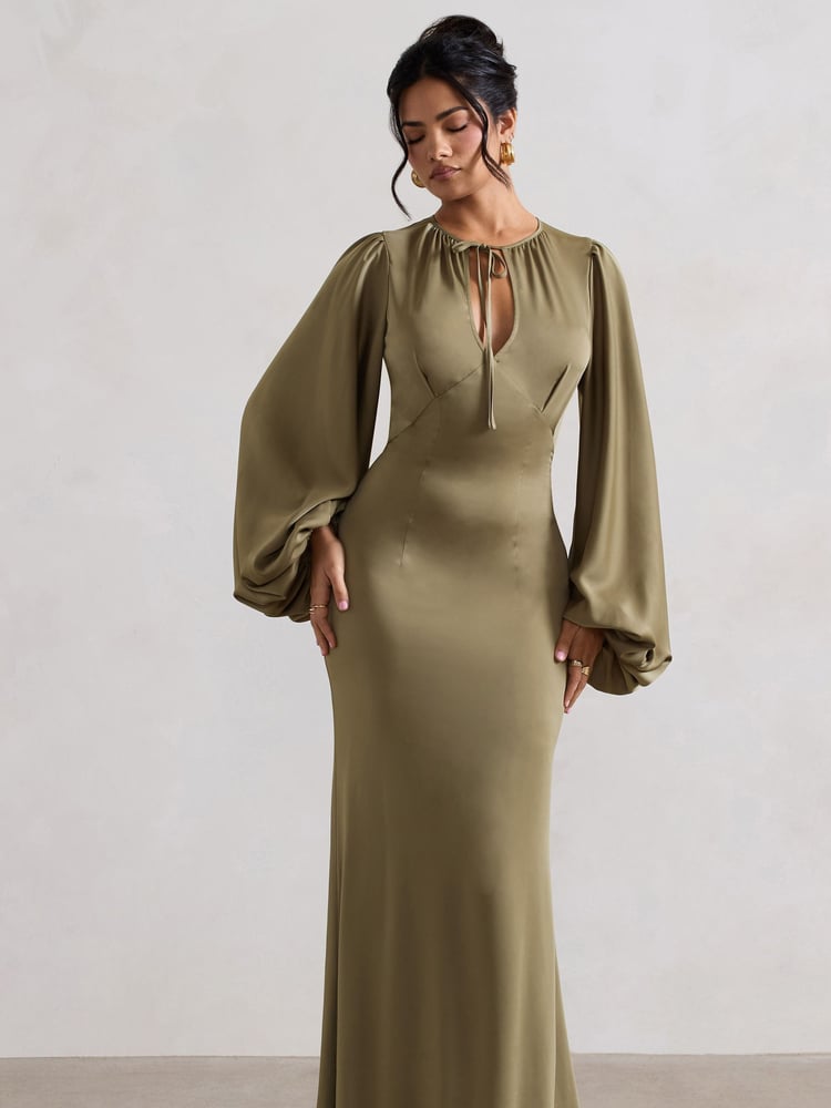 Club L London Green Wild Rose Satin Puff-Sleeve Cut-Out Maxi Dress - Image 1 of 6