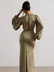 Club L London Green Wild Rose Satin Puff-Sleeve Cut-Out Maxi Dress - Image 2 of 6