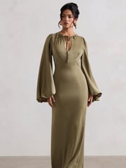 Club L London Green Wild Rose Satin Puff-Sleeve Cut-Out Maxi Dress - Image 3 of 6