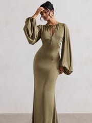 Club L London Green Wild Rose Satin Puff-Sleeve Cut-Out Maxi Dress - Image 4 of 6