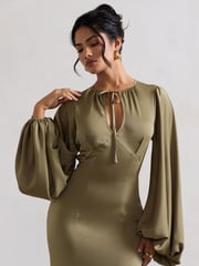Club L London Green Wild Rose Satin Puff-Sleeve Cut-Out Maxi Dress - Image 5 of 6