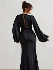Club L London Black Wild Rose Satin Puff-Sleeve Cut-Out Maxi Dress - Image 2 of 6