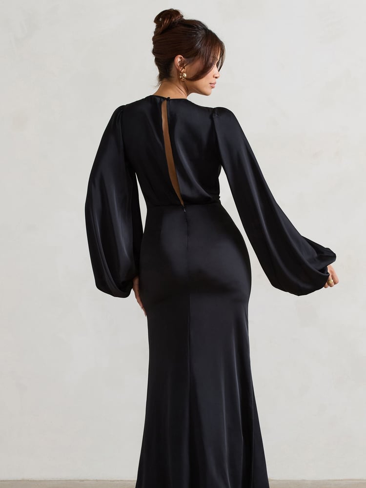 Club L London Black Wild Rose Satin Puff-Sleeve Cut-Out Maxi Dress - Image 2 of 6