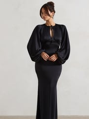 Club L London Black Wild Rose Satin Puff-Sleeve Cut-Out Maxi Dress - Image 3 of 6