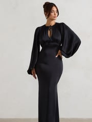 Club L London Black Wild Rose Satin Puff-Sleeve Cut-Out Maxi Dress - Image 4 of 6