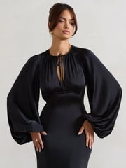 Club L London Black Wild Rose Satin Puff-Sleeve Cut-Out Maxi Dress - Image 5 of 6