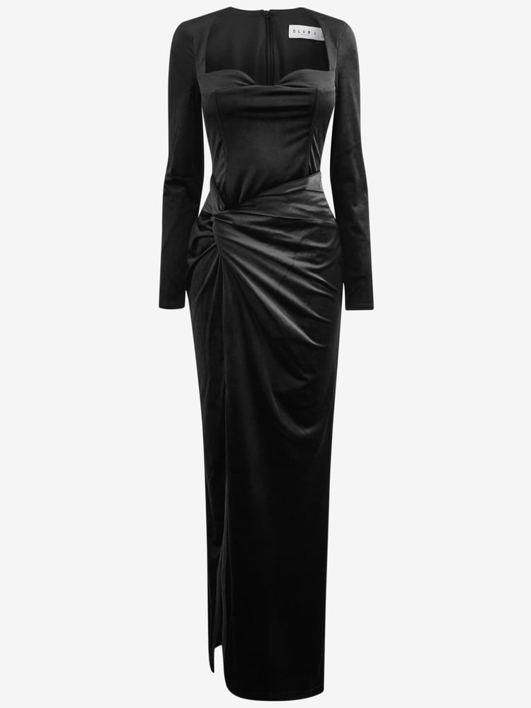Club L London Black Fay Velvet Corset Style Knot Maxi Dress - Image 4 of 4