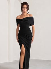 Club L London Black Eva Bardot Bow Detail Maxi Dress With Thigh Split - Image 1 of 5