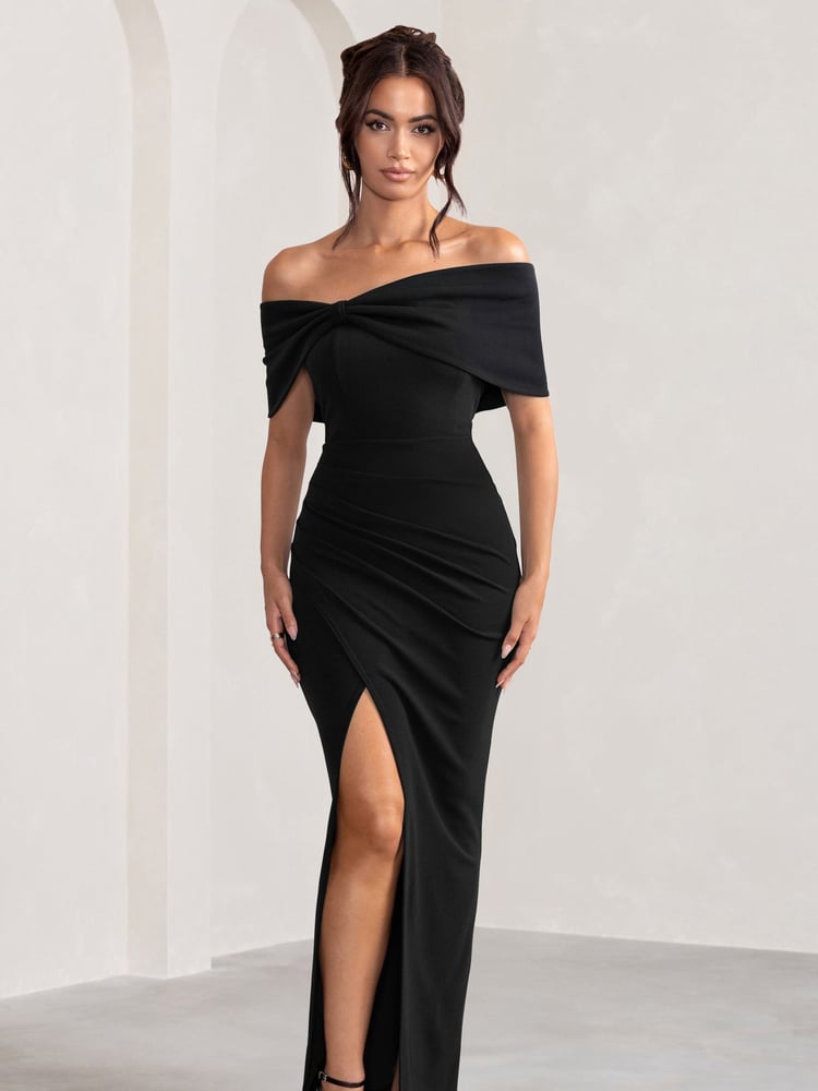 Club L London Black Eva Bardot Bow Detail Maxi Dress With Thigh Split - Image 1 of 5