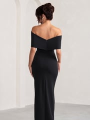 Club L London Black Eva Bardot Bow Detail Maxi Dress With Thigh Split - Image 2 of 5