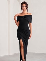 Club L London Black Eva Bardot Bow Detail Maxi Dress With Thigh Split - Image 3 of 5