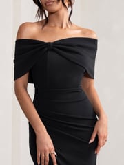 Club L London Black Eva Bardot Bow Detail Maxi Dress With Thigh Split - Image 4 of 5
