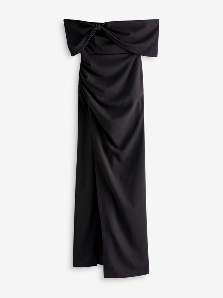 Club L London Black Eva Bardot Bow Detail Maxi Dress With Thigh Split - Image 5 of 5