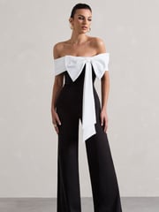 Club L London Black Bower Bardot Straight Leg Jumpsuit With Bow - Image 1 of 6