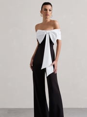 Club L London Black Bower Bardot Straight Leg Jumpsuit With Bow - Image 2 of 6