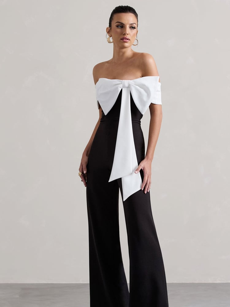 Club L London Black Bower Bardot Straight Leg Jumpsuit With Bow - Image 2 of 6
