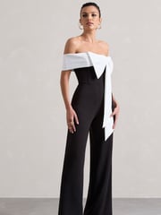 Club L London Black Bower Bardot Straight Leg Jumpsuit With Bow - Image 5 of 6