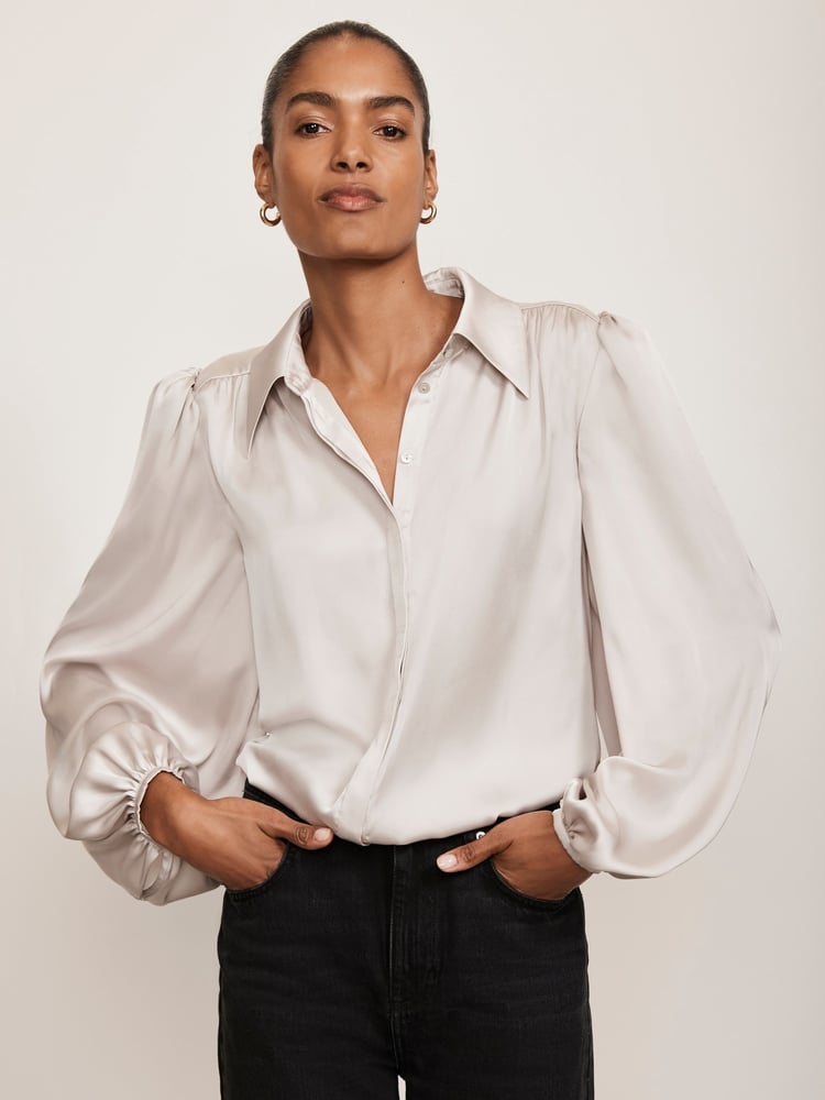 Mint Velvet Cream Beige Silk Mix Blouson Top - Image 1 of 4 Mint Velvet Cream Beige Silk Mix Blouson Top - Image 1 of 4