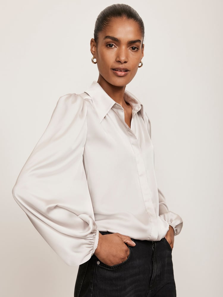 Mint Velvet Cream Beige Silk Mix Blouson Top - Image 2 of 4 Mint Velvet Cream Beige Silk Mix Blouson Top - Image 2 of 4