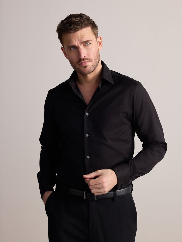 Black Slim Fit Signature Premium 100% Cotton Textured Smart Shirt - Image 1 of 8