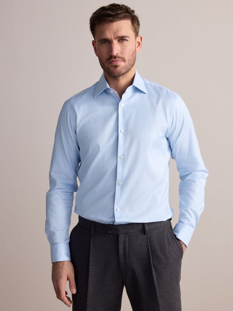 Blue Slim Fit Signature 100% Cotton with Textured Smart Shirt - Image 1 of 8