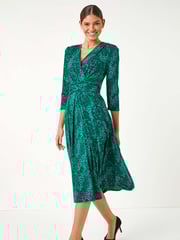 Roman Green Mock Wrap Animal Midi Dress - Image 3 of 5