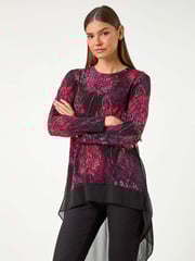 Roman Red Floral Print Chiffon Hem Stretch Top - Image 1 of 5