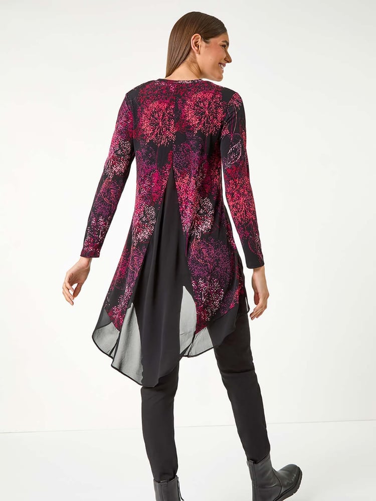 Roman Red Floral Print Chiffon Hem Stretch Top - Image 2 of 5