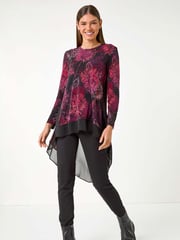 Roman Red Floral Print Chiffon Hem Stretch Top - Image 3 of 5