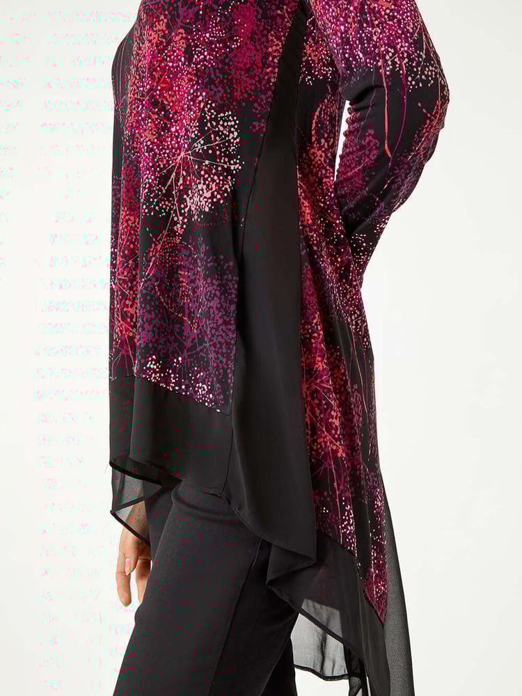Roman Red Floral Print Chiffon Hem Stretch Top - Image 5 of 5