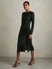 Reiss Dark Green Rosie Petite Jersey Ruched Midi Dress - Image 1 of 8