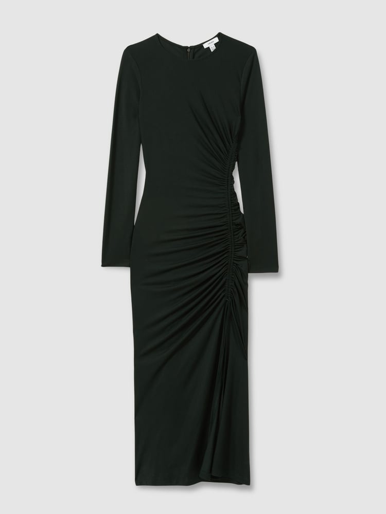 Reiss Dark Green Rosie Petite Jersey Ruched Midi Dress - Image 2 of 8