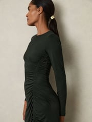 Reiss Dark Green Rosie Petite Jersey Ruched Midi Dress - Image 3 of 8