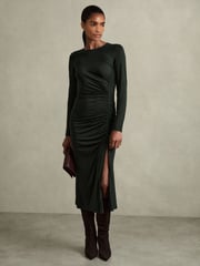 Reiss Dark Green Rosie Petite Jersey Ruched Midi Dress - Image 4 of 8