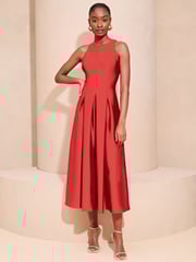 Lipsy Red Halter Neck Skater Prom Midi Dress - Image 3 of 4