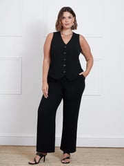 Live Unlimited Black Petite Button Detail Wide Leg Trousers - Image 1 of 3