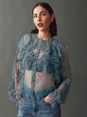 Blue Ruffle Lace Long Sleeve Blouse - Image 1 of 7