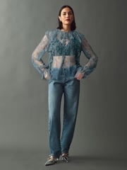 Blue Ruffle Lace Long Sleeve Blouse - Image 2 of 7