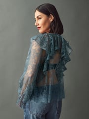 Blue Ruffle Lace Long Sleeve Blouse - Image 3 of 7